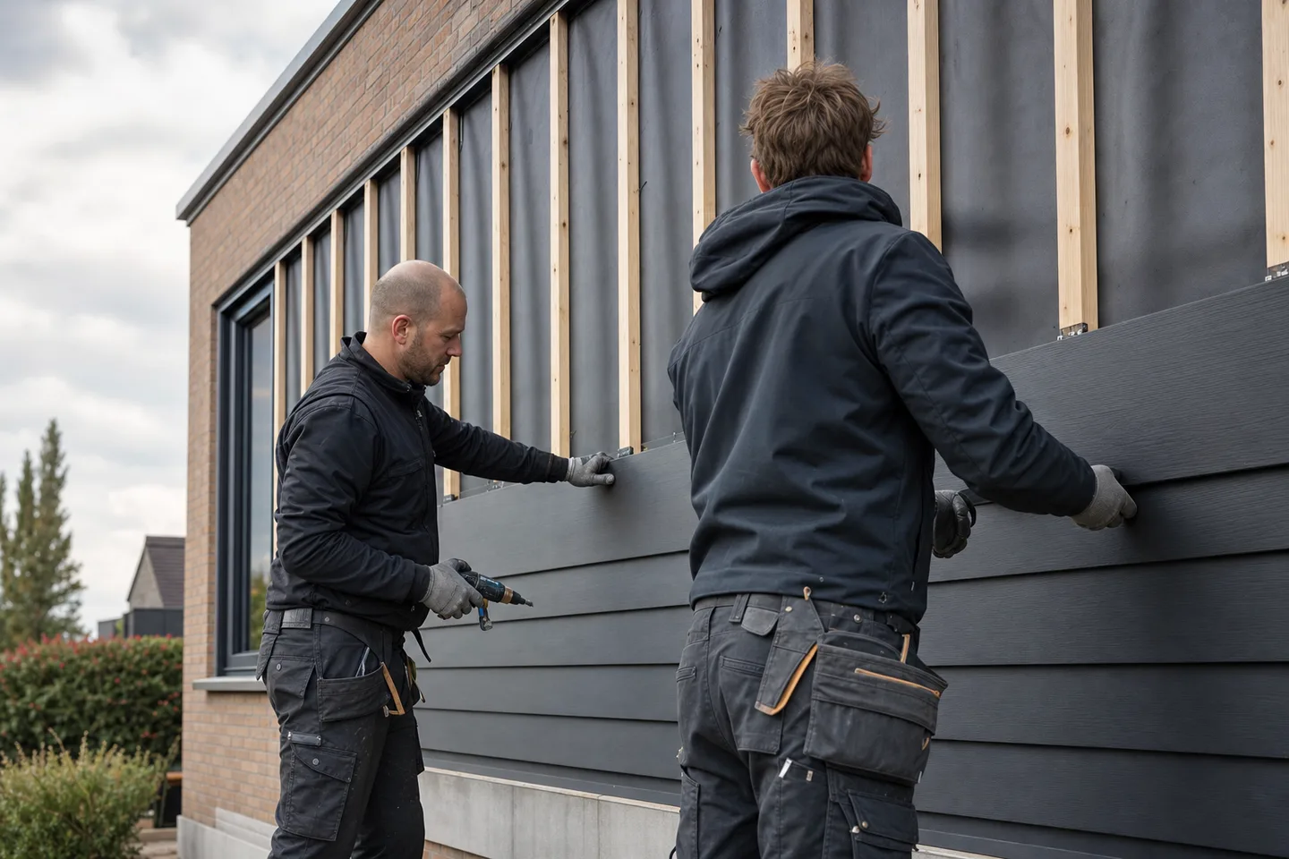 Twee vakmensen plaatsen donkere gevelbekleding op een woning