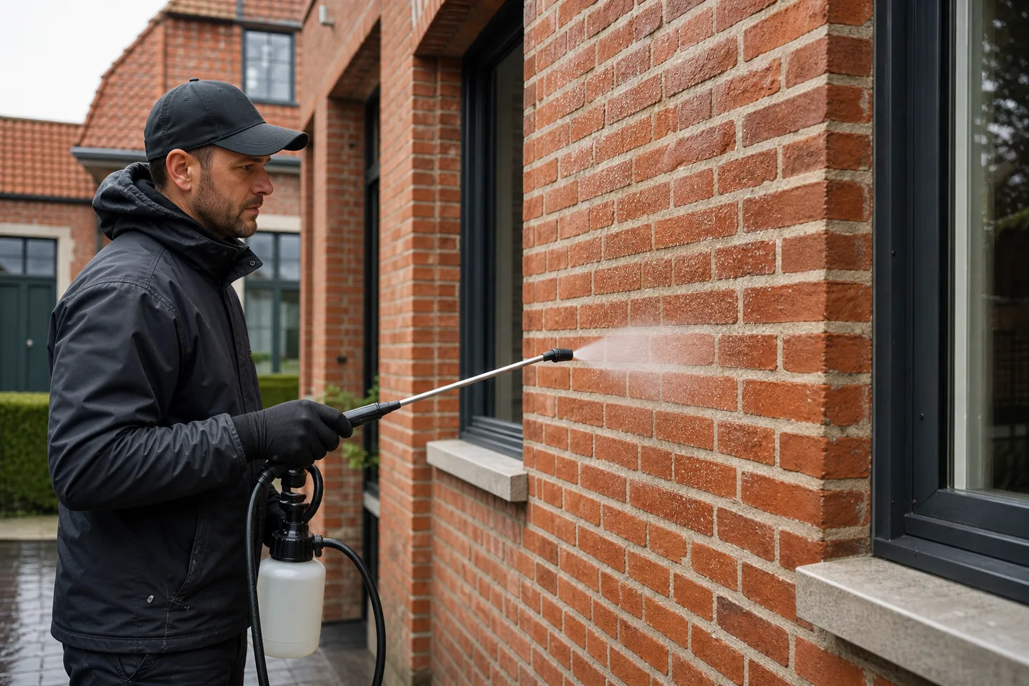 Vakman brengt een waterafstotende behandeling aan op baksteen